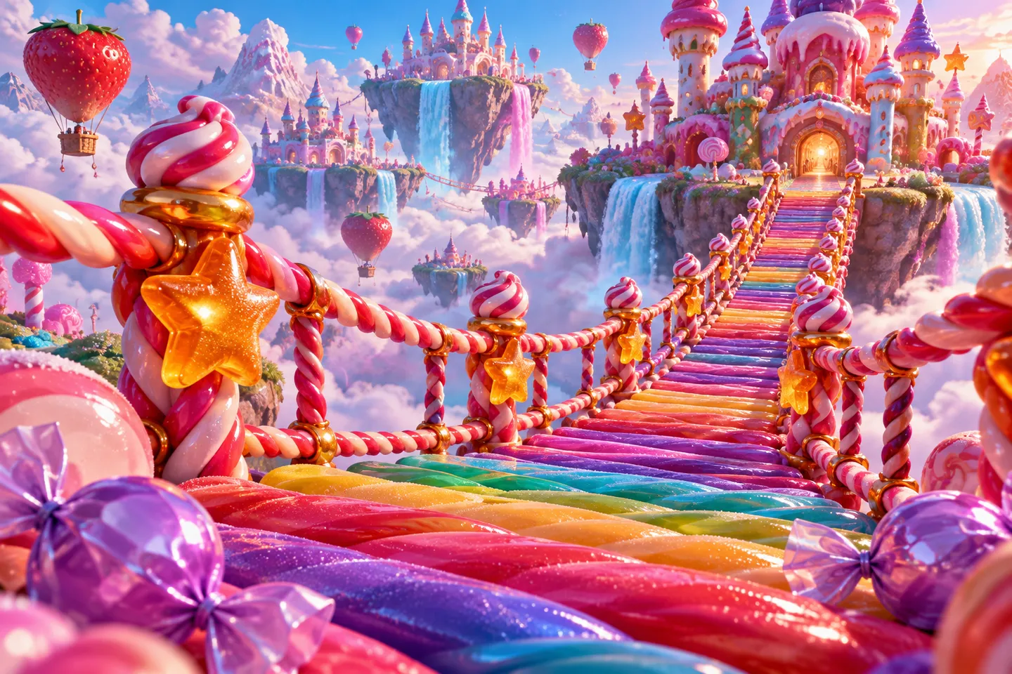 Rainbow liquorice suspension bridge between pastel candy towers above the clouds