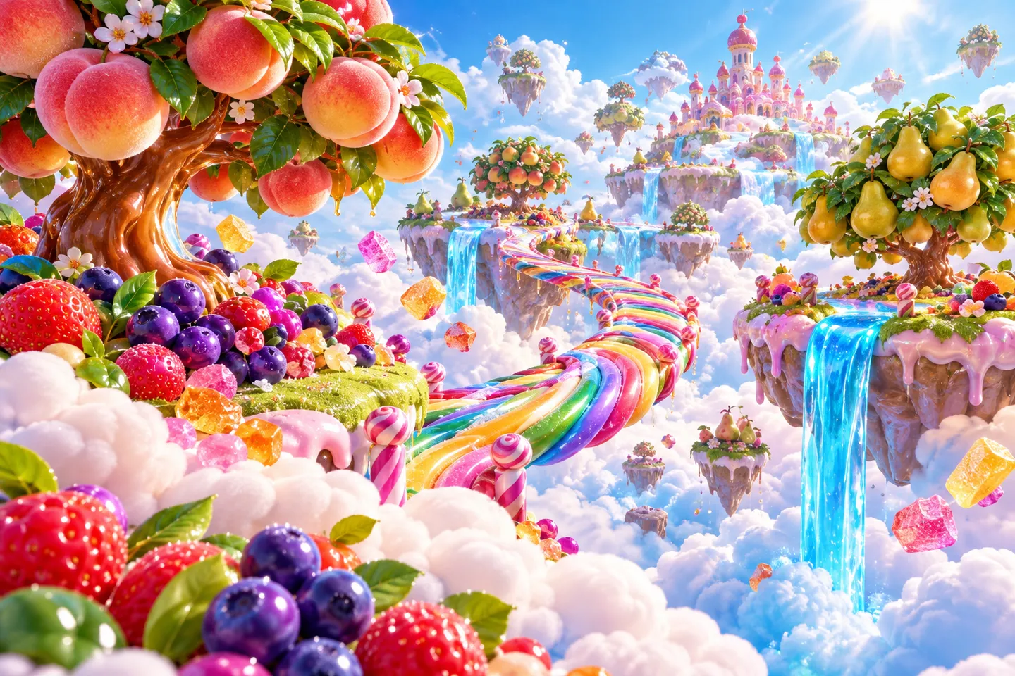 Floating peach and pear trees above a blue syrup stream in a sky orchard