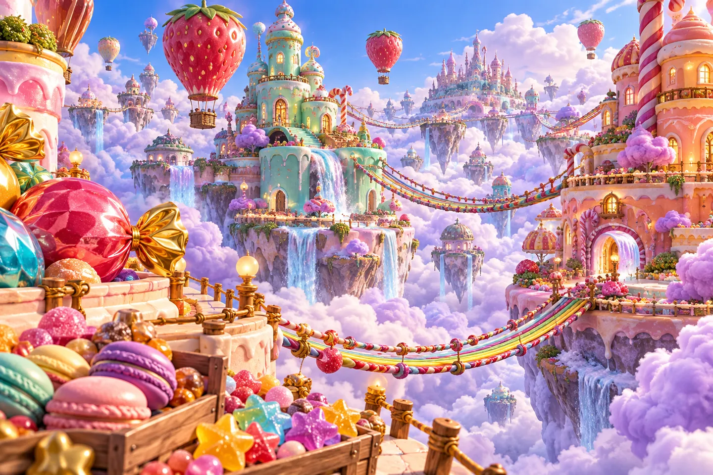 Floating mint confectionery towers joined by rainbow bridges with strawberry balloons