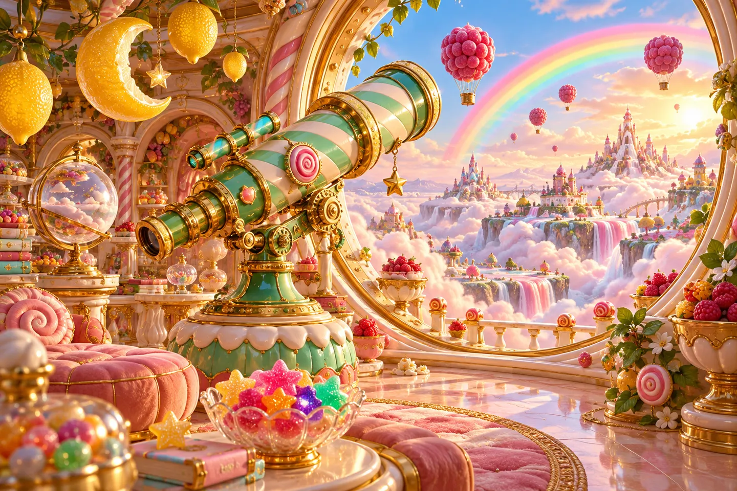 Mint and gold candy telescope beside gumdrop stars overlooking a pastel rainbow