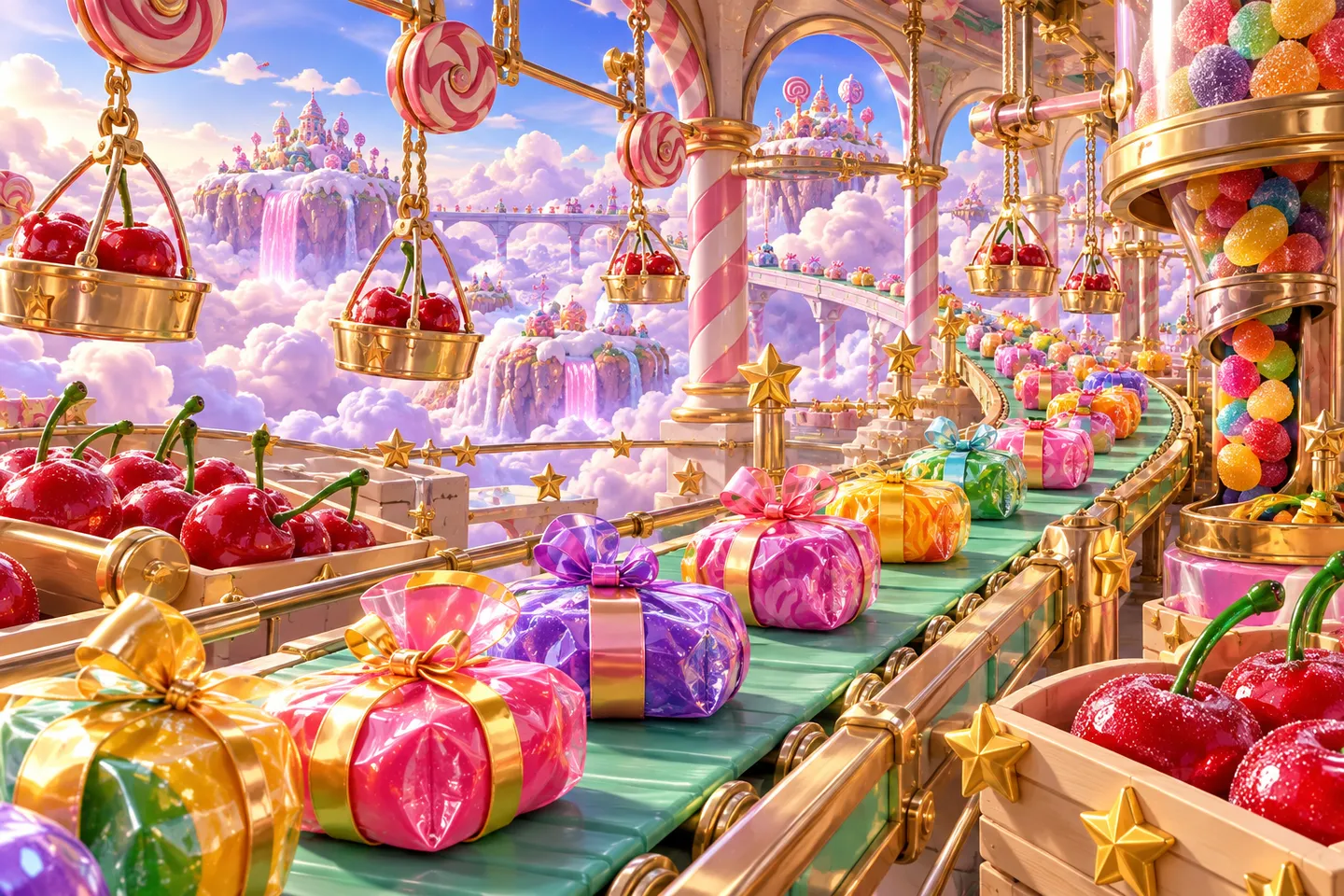 Colourful candy parcels on a mint conveyor in a workshop open to lavender clouds
